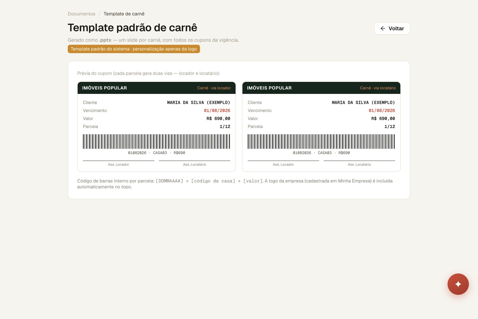 Prévia do carnê do LocusHub, com as duas vias por parcela, código de barras interno e espaço de assinatura