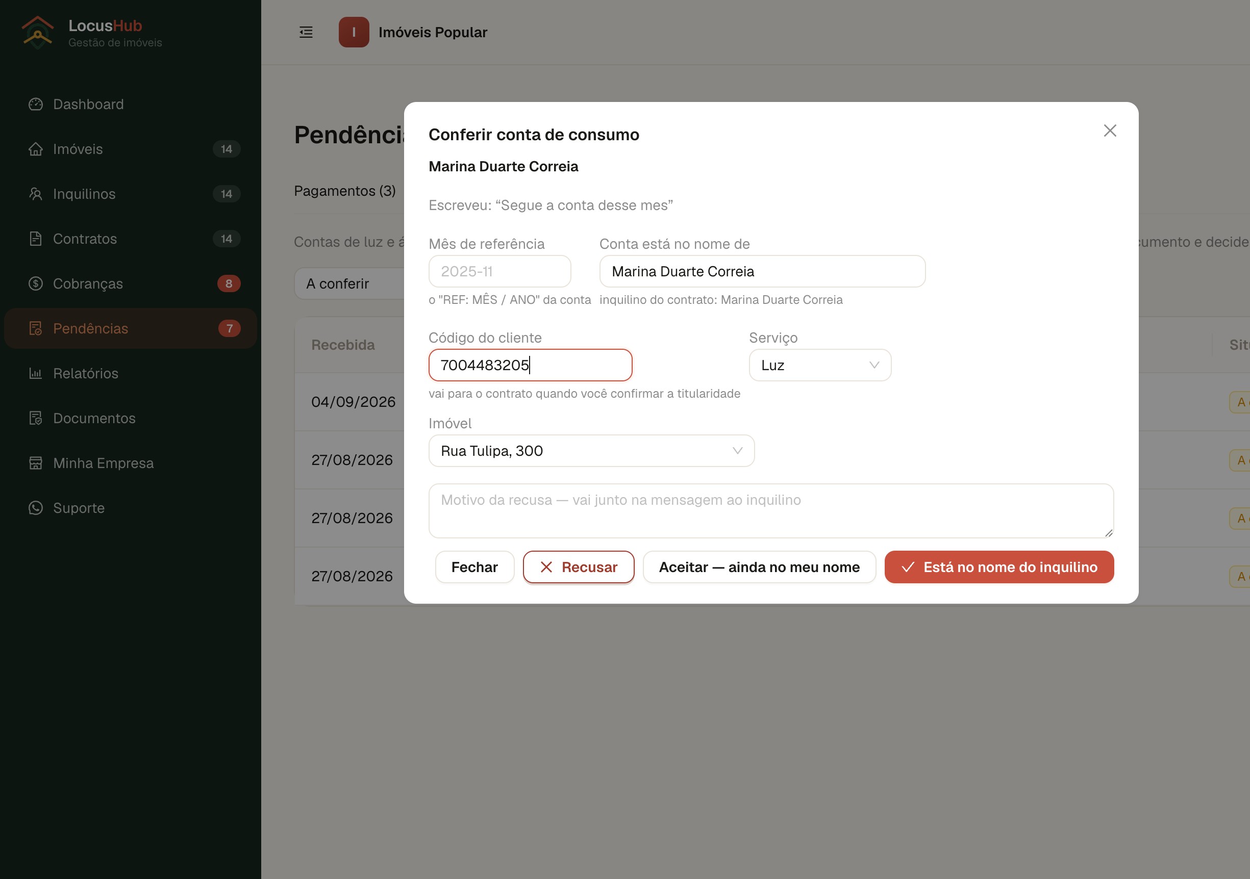Tela de conferência de conta de luz no LocusHub, com mês de referência, titular e código do cliente