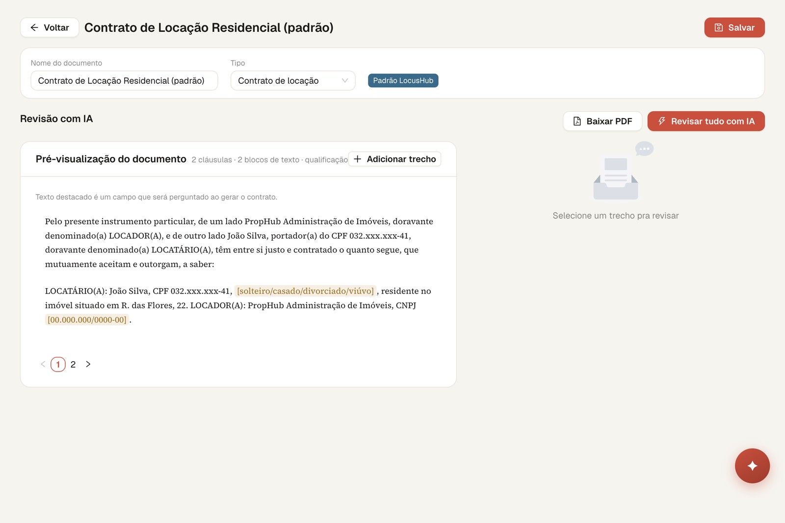 Editor de modelo de documento no LocusHub, com os campos que serão preenchidos pelo cadastro em destaque
