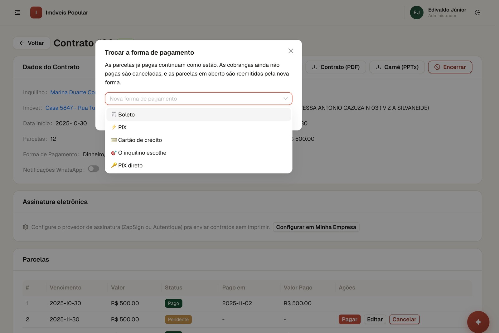 Escolha da forma de pagamento de um contrato no LocusHub: boleto, PIX, cartão, o inquilino escolhe ou PIX direto