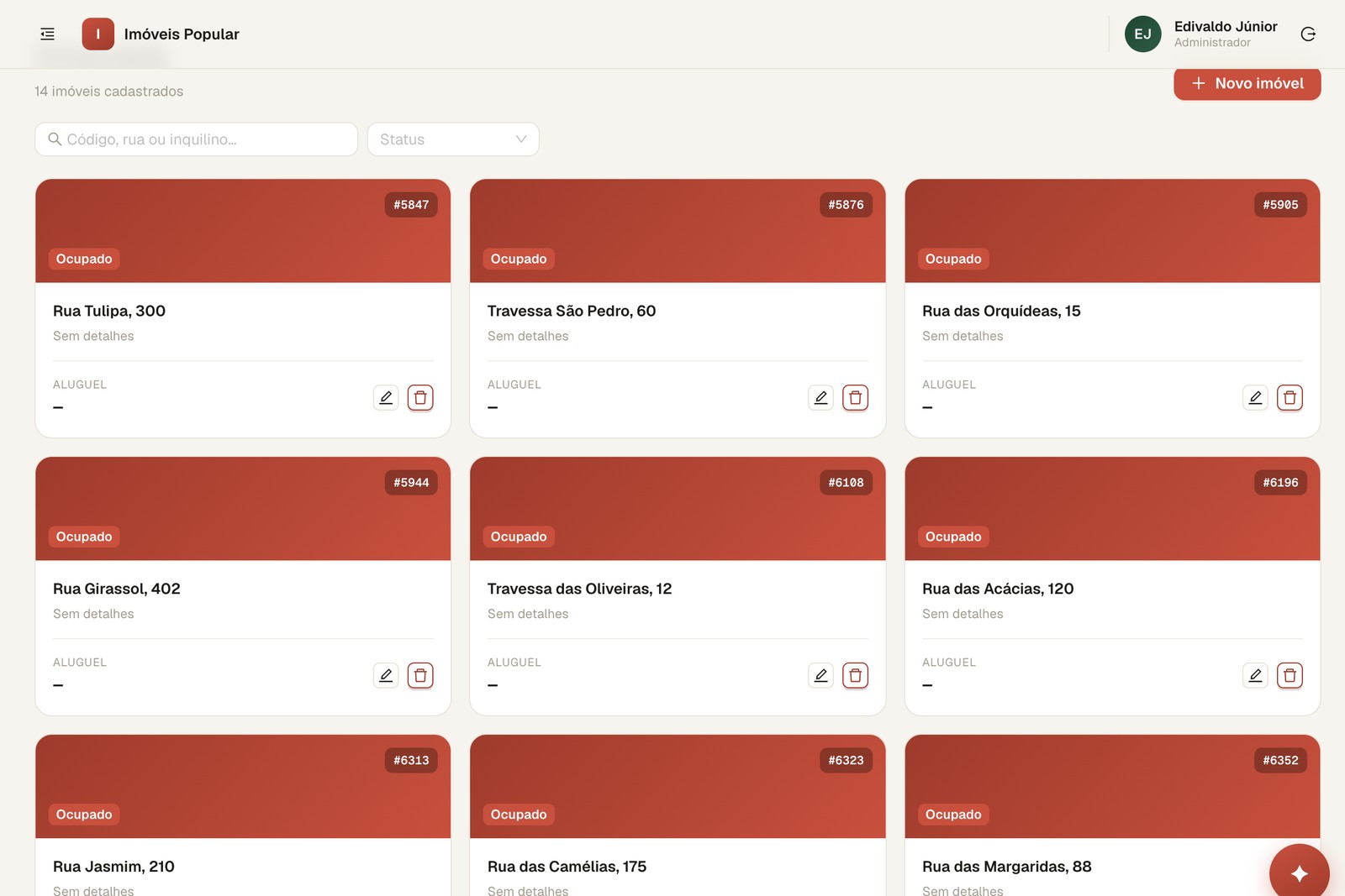 Lista de imóveis do LocusHub, com código da casa e status de ocupação