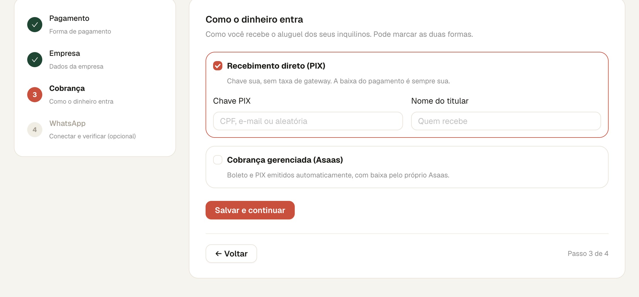Tela real da configuração inicial do LocusHub: conectar o recebimento por PIX ou Asaas