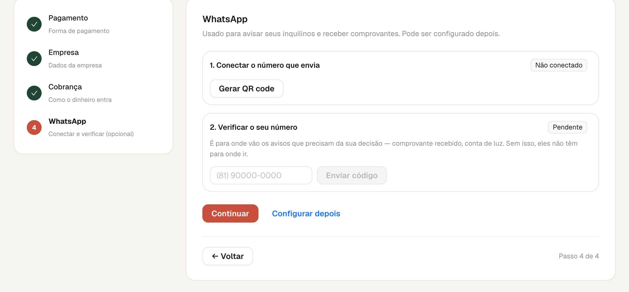 Tela real da configuração inicial do LocusHub: conectar e verificar o WhatsApp